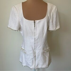 Escada Sequin Trim White Zipper Front Short Sleeve Rayon Blend Woven Jacket 38/8